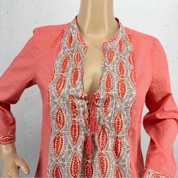 J. Crew Size 2 Coral Mixed Print Paisley Polka Dot Bohemian Peasant Blouse - Picture 3 of 10